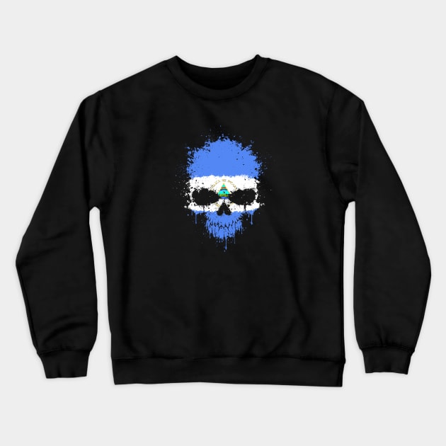 Chaotic Nicaraguan Flag Splatter Skull Crewneck Sweatshirt by jeffbartels